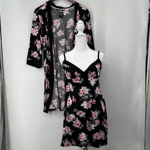Laura Ashley Black and Pink Floral Nightie and Robe Set